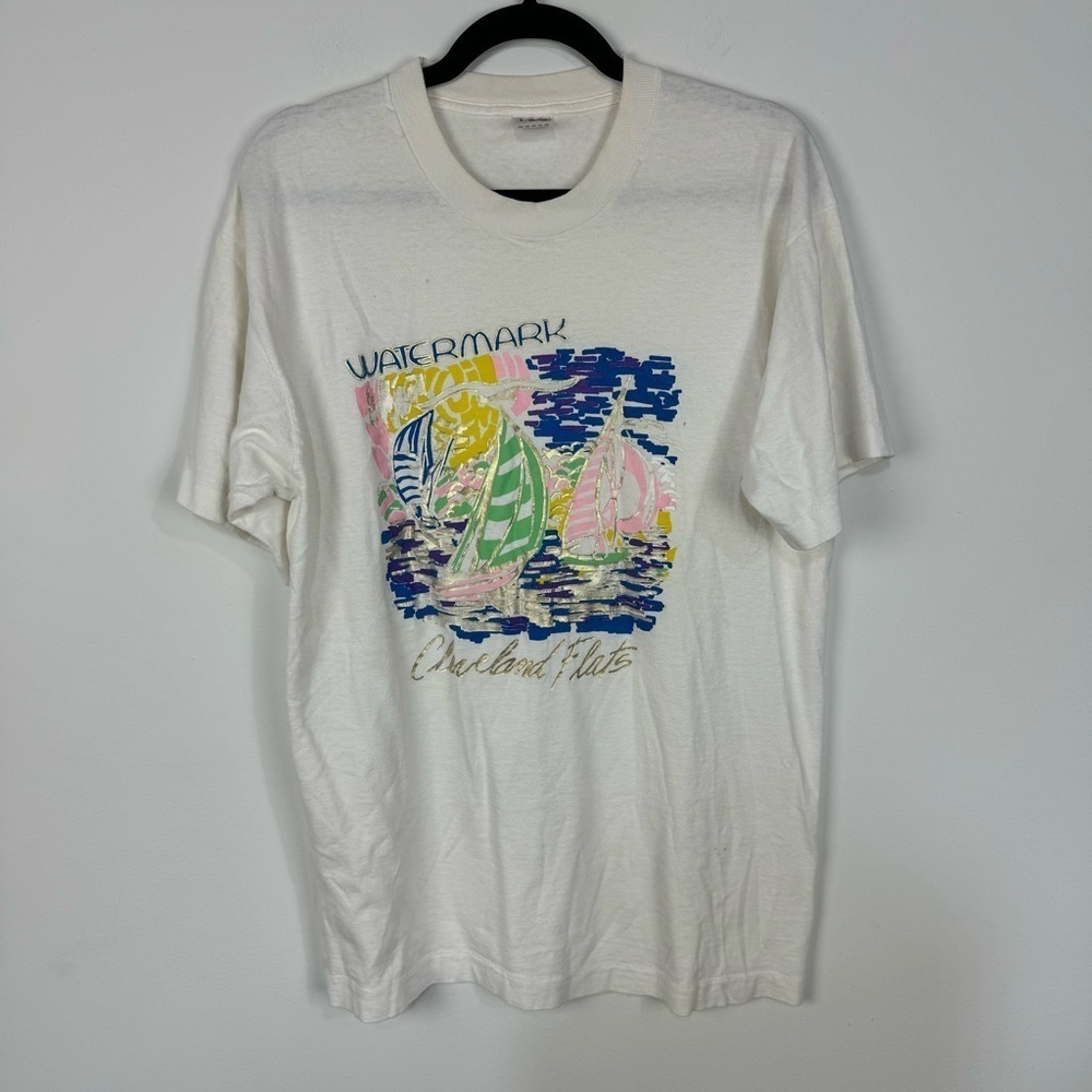 Vintage Fruit of the Loom Watermark Copeland Flat White Sailboat Sailing T-Shirt